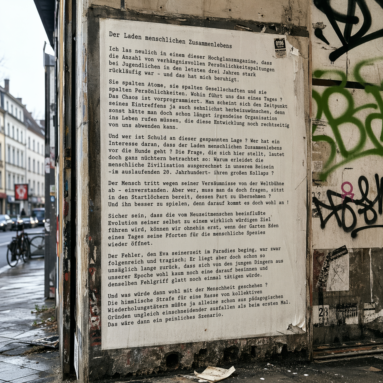 Ein an einer Stra�enecke plakatierter, gesellschaftskritischer Text mit dem Titel �Der Laden menschlichen Zusammenlebens� wird von Graffiti und Aufklebern auf einer abgenutzten Wand umrahmt.